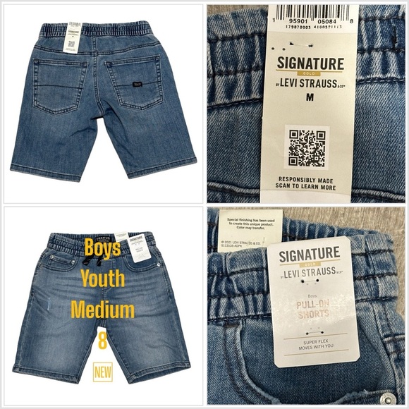 Levi’s Youth Medium 8 Shorts Denim Jeans Blue Drawstring Stretch Pull On NWT - Picture 1 of 10